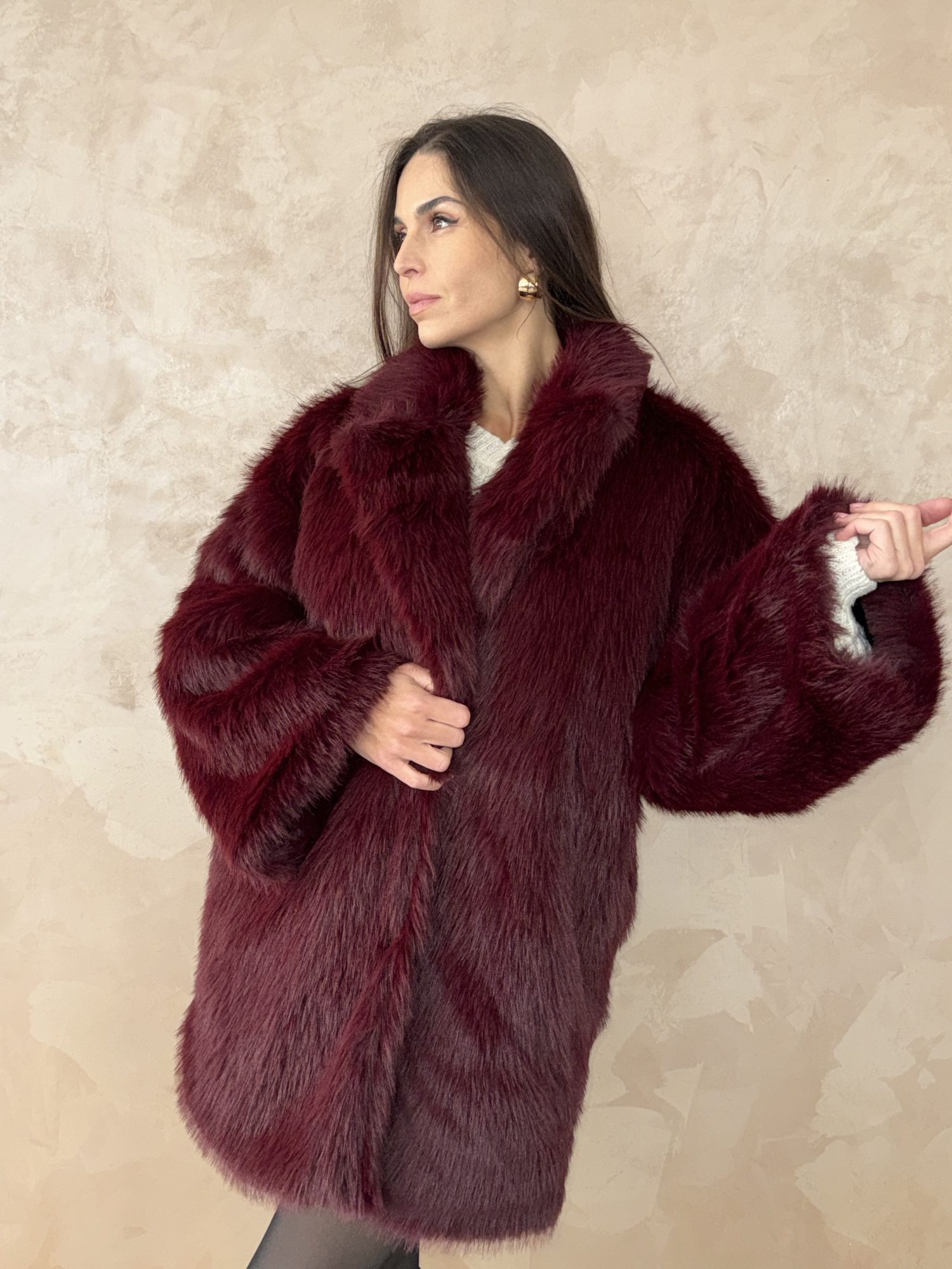 Bordeaux Elegance Faux Fur Coat - Image 2