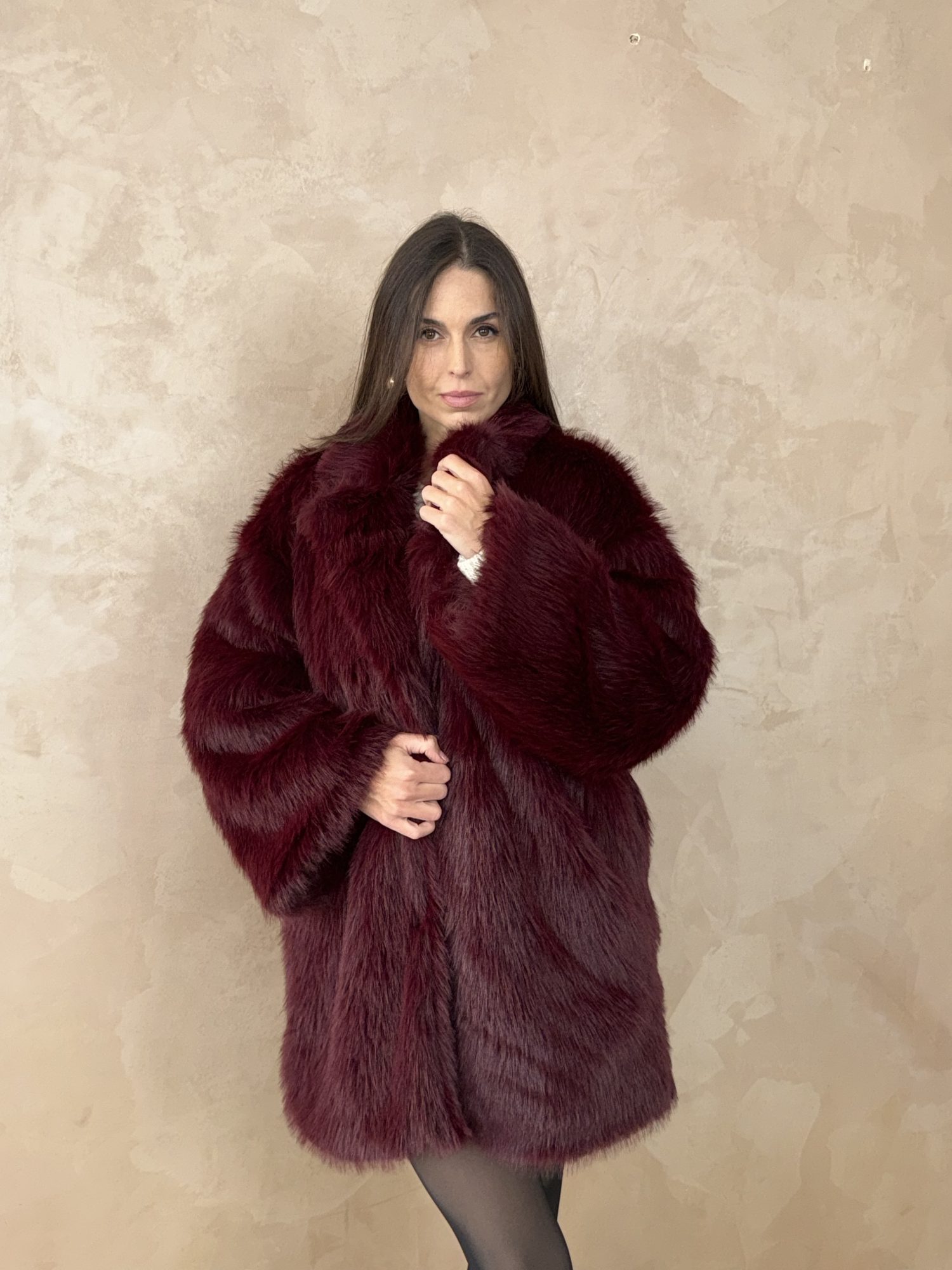 Bordeaux Elegance Faux Fur Coat - Image 4