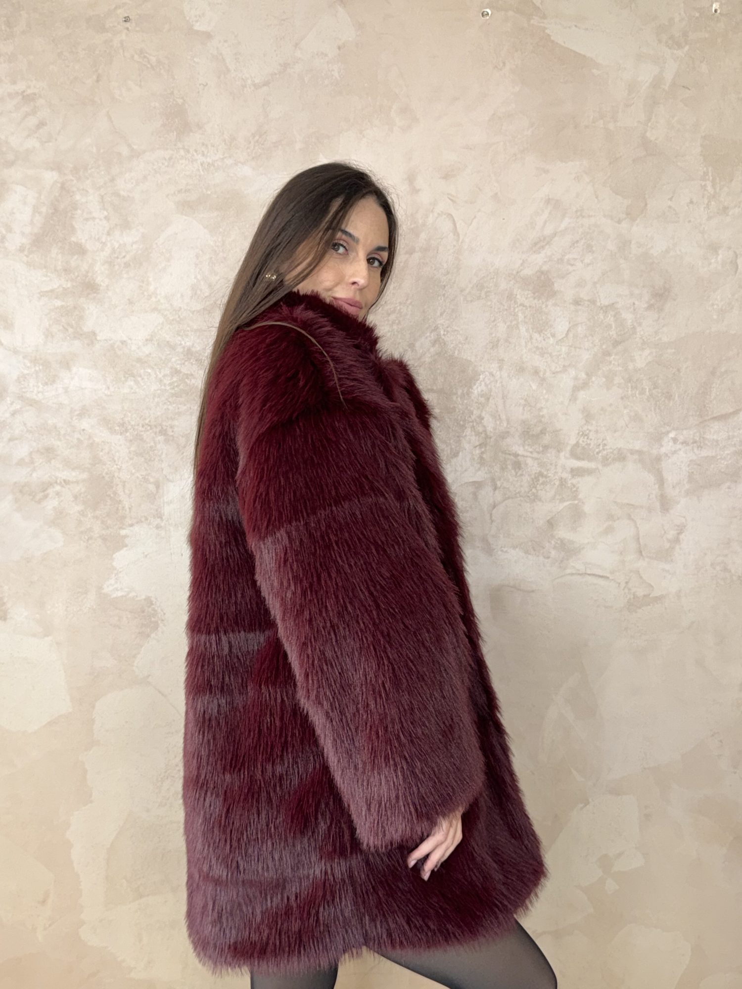 Bordeaux Elegance Faux Fur Coat - Image 3